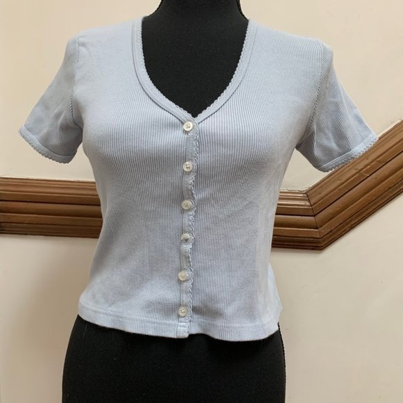 Brandy Melville Light Blue Button Up Short Sleeve Tee - Picture 1 of 3